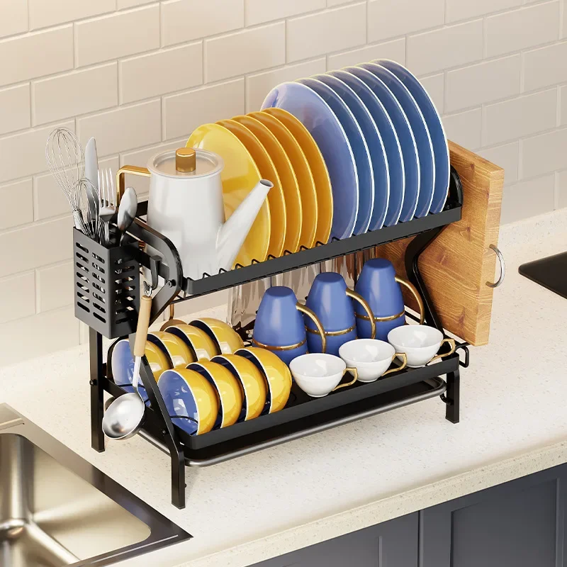 

Multilayer Cutlery Holder, Kitchen Organizer with Ventilation Drain Dish Drainer, Card Slot Design, Stable Load-bearing