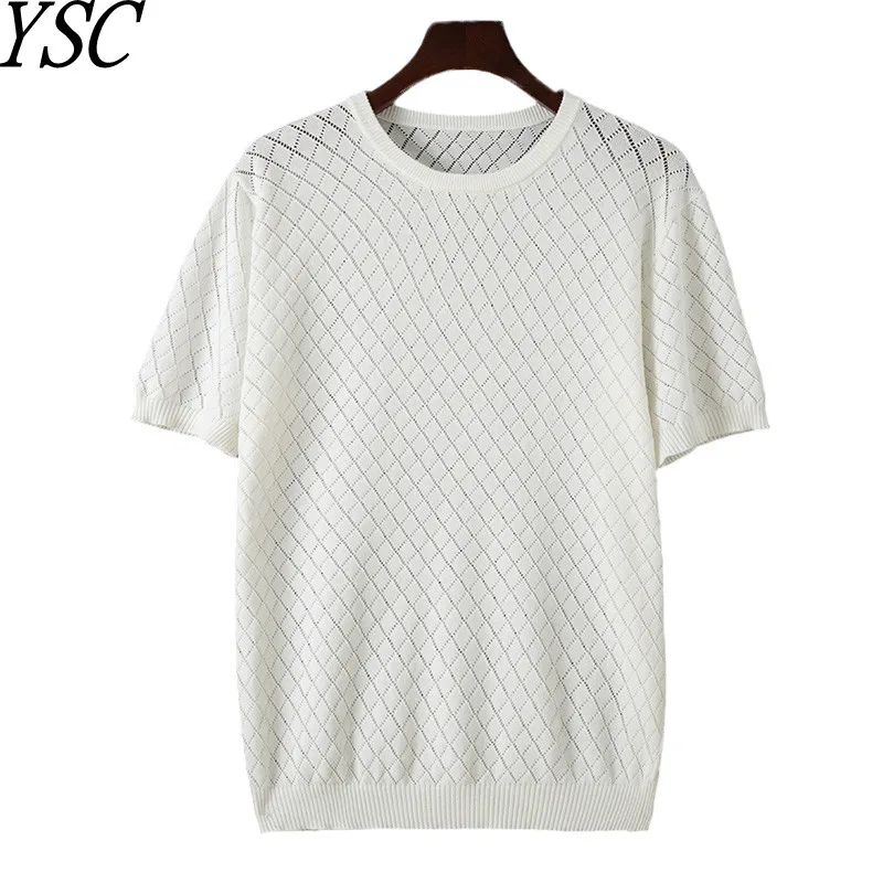 

Men Knitwear 100% Cotton Sweater Pullover O-Neck T-shirt Short sleeve Hollow Out Breathable Comfortable High-Quality Lattice