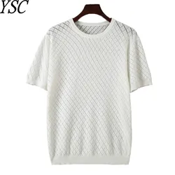 Men Knitwear 100% Cotton Sweater Pullover O-Neck T-shirt Short sleeve Hollow Out Breathable Comfortable High-Quality Lattice