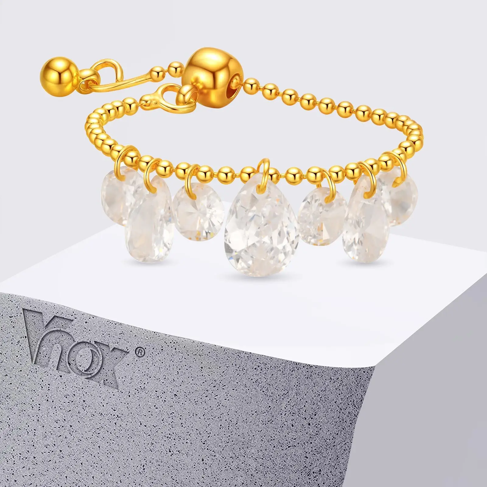 

Vnox Small Shiny Water Droplet CZ Beads Chain Ring For Women Metal 14K Gold Plated Adjustable Finger Ring Delicate Jewelry Gift