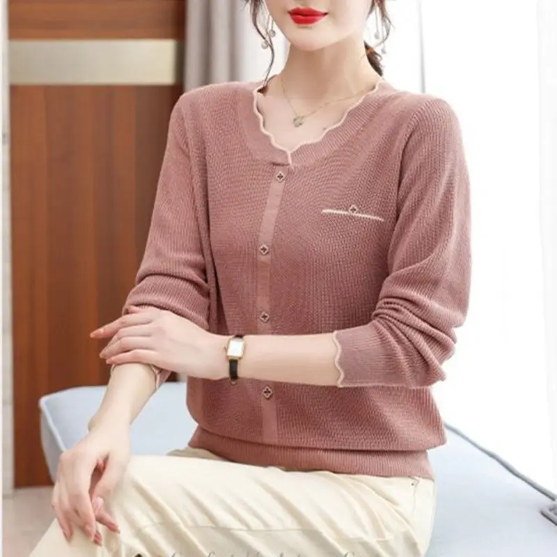 Women\'s Clothing Autumn Winter Solid Color Pullover Sweater Knitted Screw Thread Long Sleeve Round Neck Rivet Casual Tops