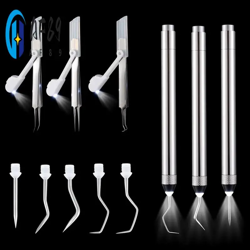 

AF89-6 Pcs LED Weeding Tools Set For Vinyl, 3 Led Pen With 5 Pin And Hook, With Light Weeding Hook Tweezers (Silver)