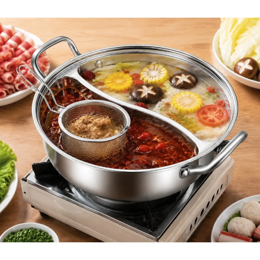 2pcs Set 32cm Stainless Steel Hot Pot Divider Pot & Mesh Strainer Basket Noodle Skimmer Commercial Home Cooking Cookware Set
