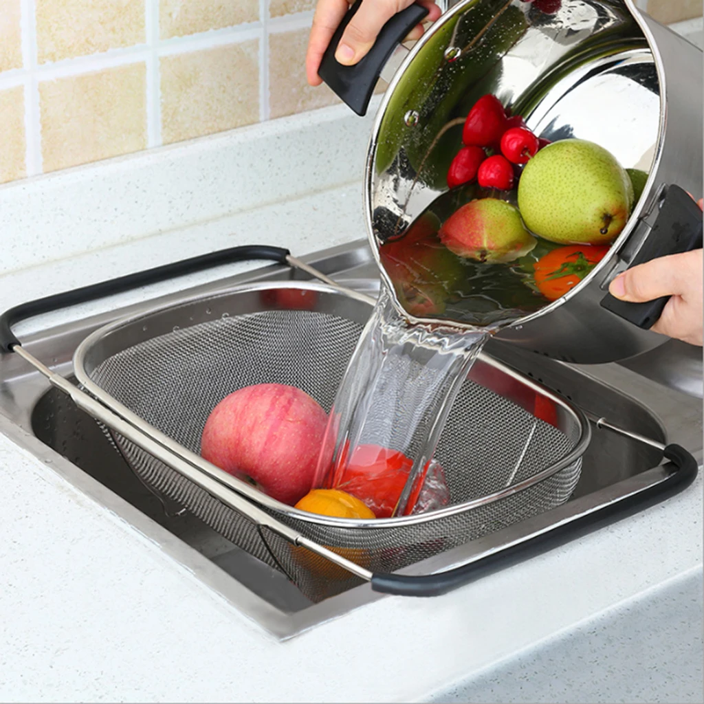 over the Sink Stainless Steel Strainer Basket Expandable Handles Mesh Colander Kitchen Tool for Draining and Rinsing