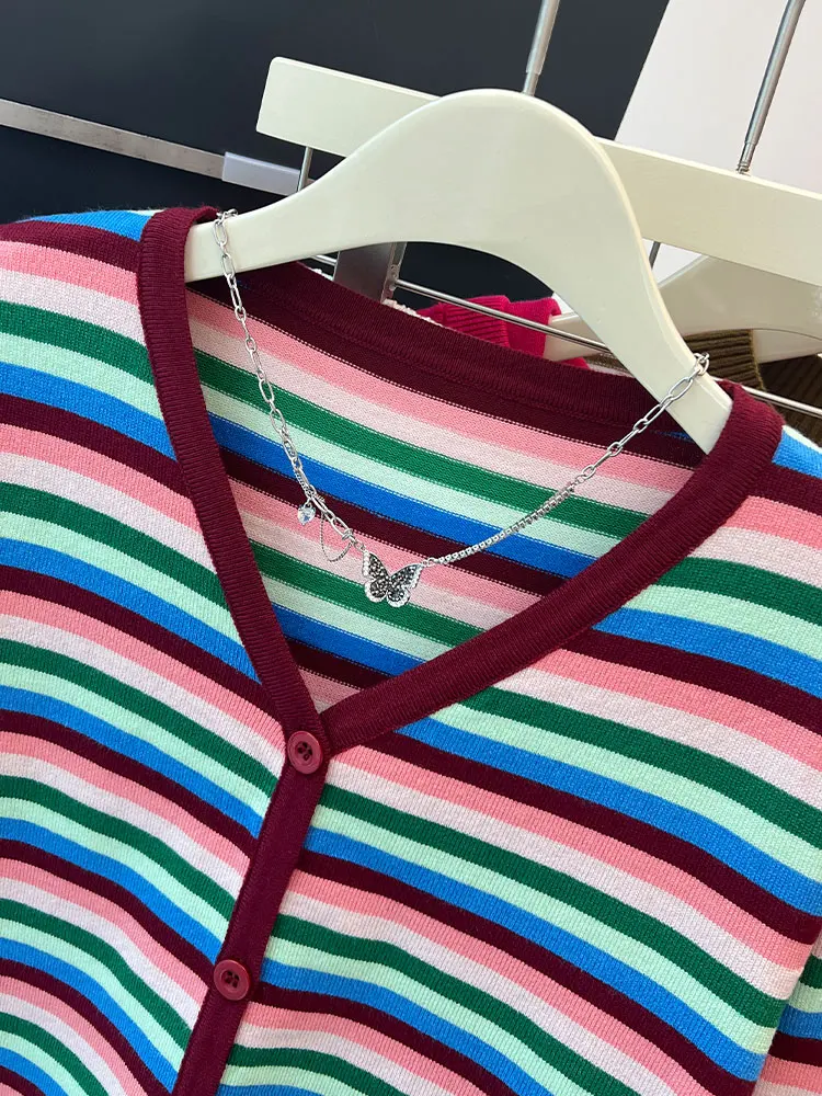 Faionable Striped V-Ne Single-Button Knitted Cardigan Casual Commute Sle Long Sve Outerwear Unique Top for Women