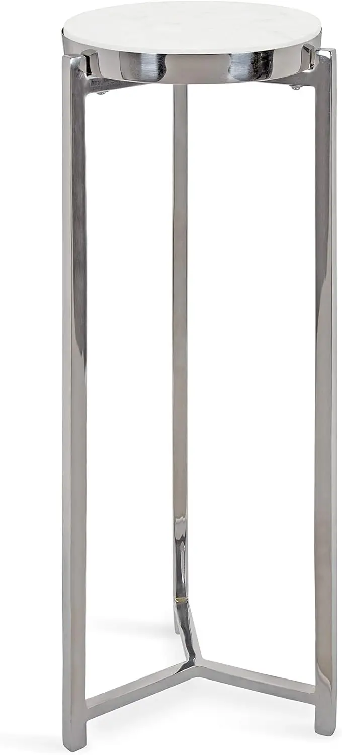 

Aguilar Glam Round Drink Table, 8 X 8 X 23, Silver And White, Small Accent Table For Use As Plant Pedestal Stand With Marble