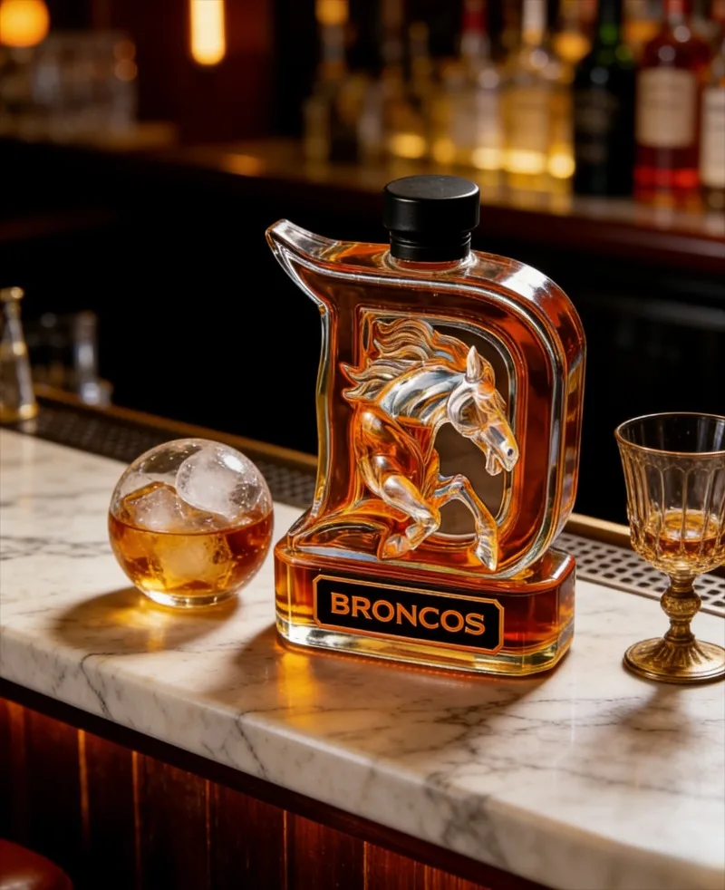 3D Horse Sculpted D-Shaped Whiskey Decanter, Hand Blown Glass Liquor Bottle with Lid, Barware for Sports Fans