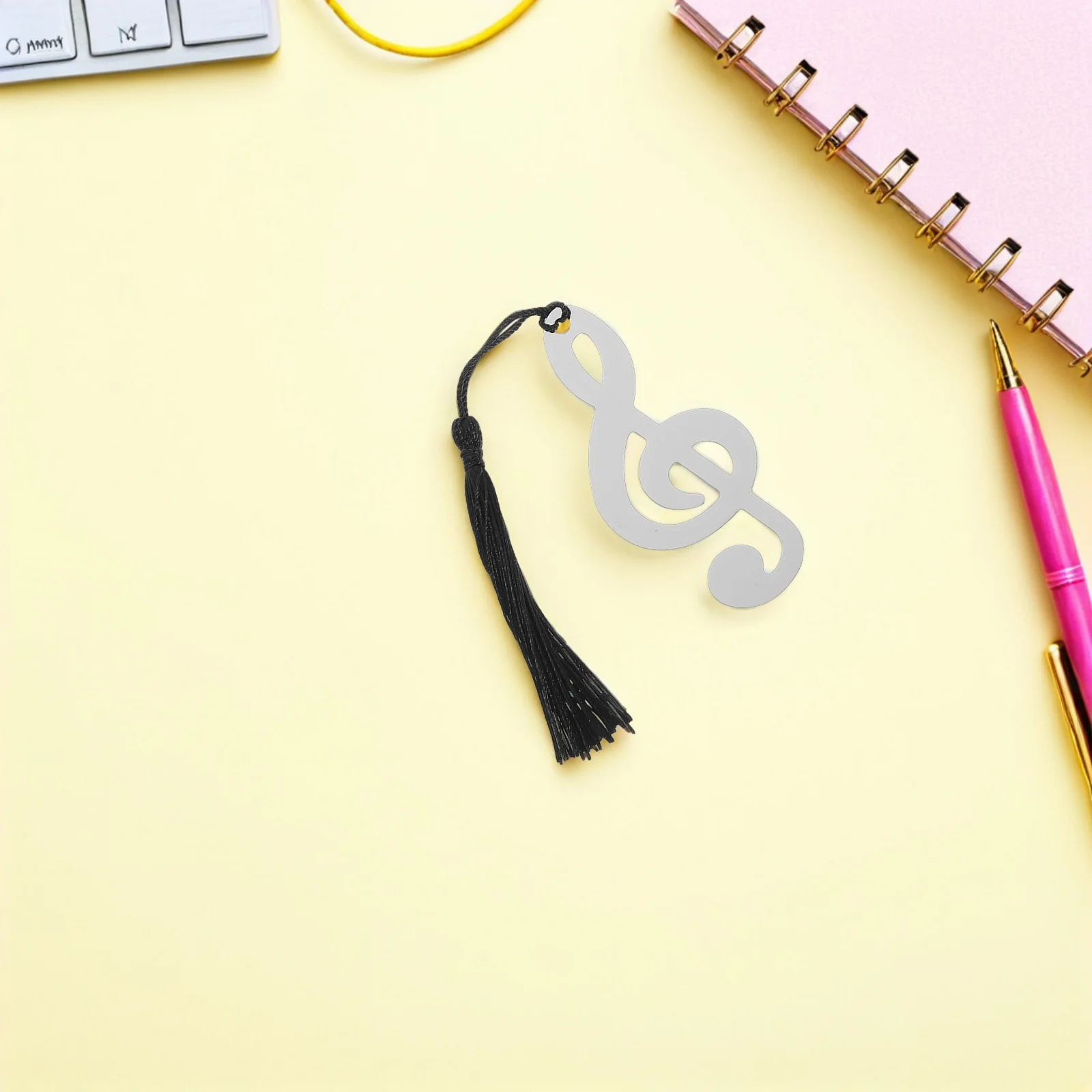 10 قطع من علامات صفحة الملاحظات الموسيقية المصنوعة من الفولاذ المقاوم للصدأ، إشارات مرجعية معدنية فضية، هدية شرابة سوداء لقارئ طلاب التخرج