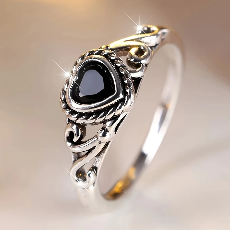 Huitan Vintage Heart Black CZ Rings for Women Retro Antique Silver Plated Love Earrings Daily Party Special-interested Jewelry