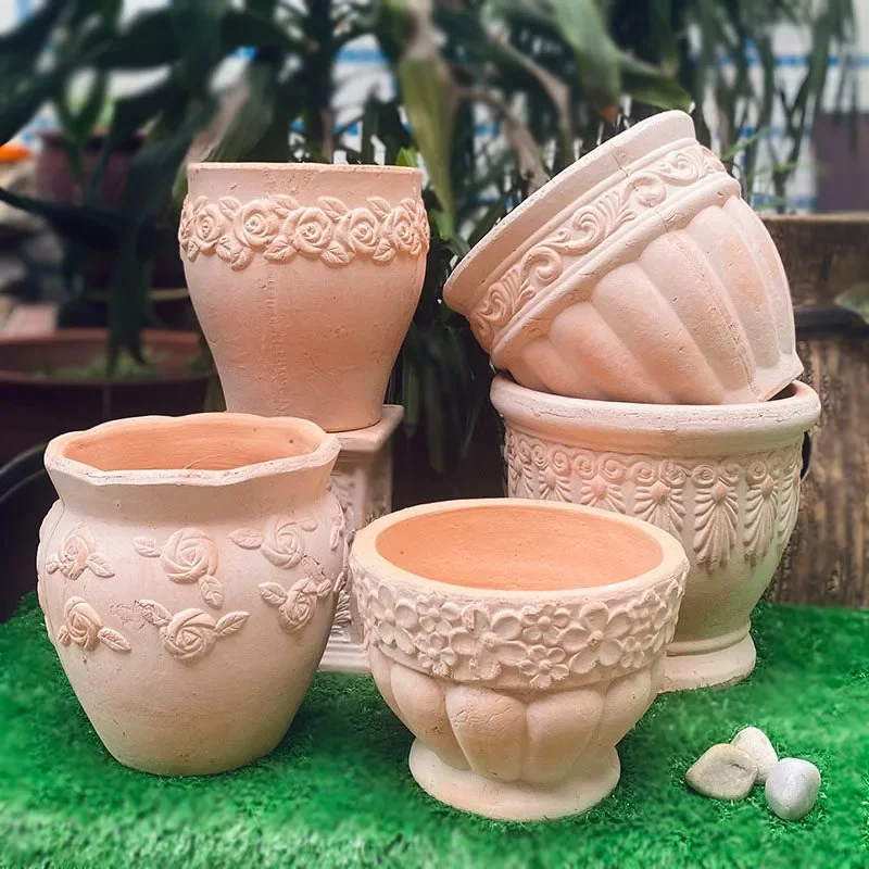 Pastoral pottery pot Retro red pottery flower  Handmade relief pottery pot European garden flower pot Roman style coarse