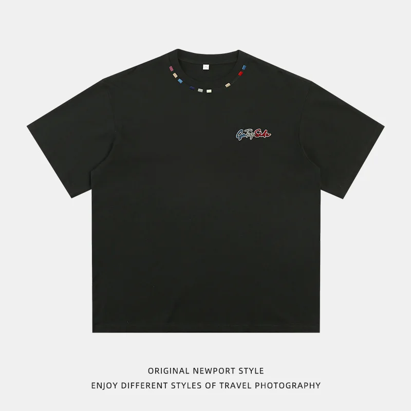 Stylish 4 Colors Unisex T-shirt Clean Fit Men Short Sleeve Tees Casual Round Neck Rainbow Embroidery Top Korean Couple Clothes