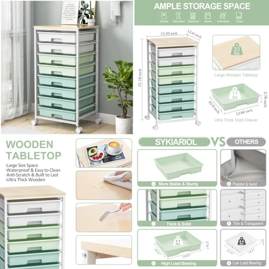 

Rolling Storage Utility Cart Organizers with 8 Drawers and Wooden Tabletop for Living RoomOffice Classroom Craft Room Bedroom D