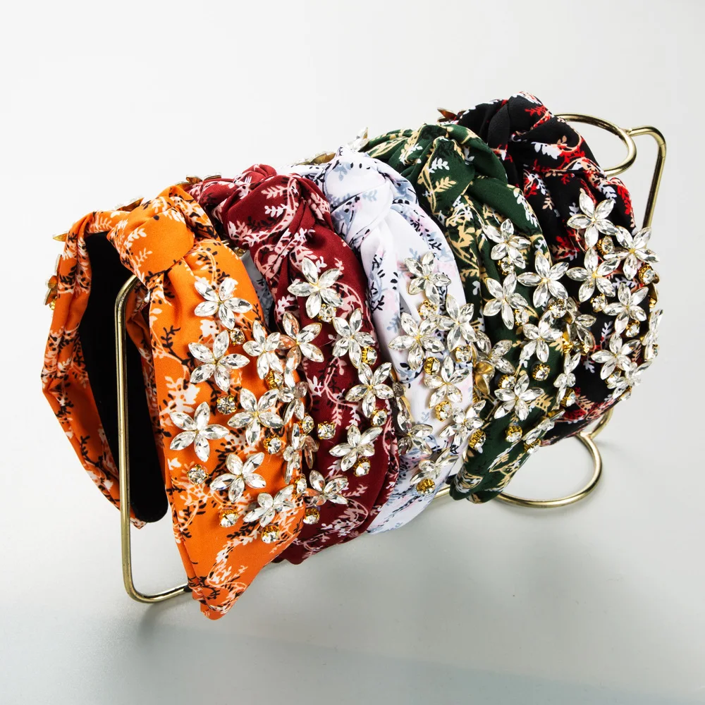 

Модная повязка для волос из сплава с цветами и стразами, легкая роскошная повязка-ободок, богемные цветные тканевые аксессуары для волос