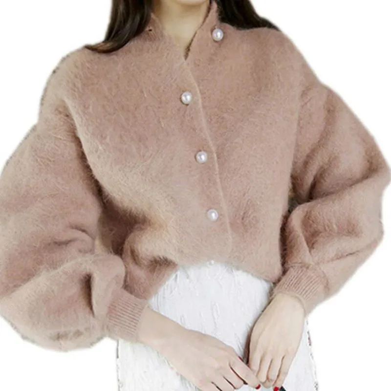 Chic Pearl Fluffy Mohair Beaded Sweater Lantern Sleeve Knit Cardigan Button Sweater Sweater Velvet Jacket Oversized Sweater Top