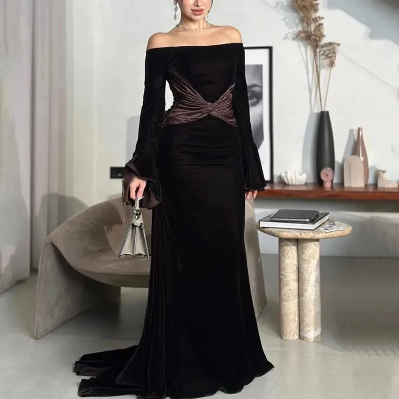 

Aleeshuo Simple Long Sleeves Mermaid Evening Dresse Elegant Off Shoulder Pleat Blackless Prom Gowns Long Train 2025 Customized