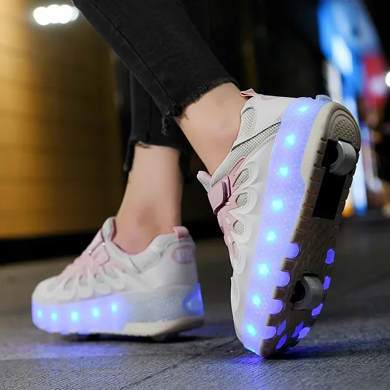 Women's High Top 2 Wheel Roller Shoes Fashionable Unisex Automatic Pop-up Sneakers With Wheels Dual-purpose Skating Casual Shoes