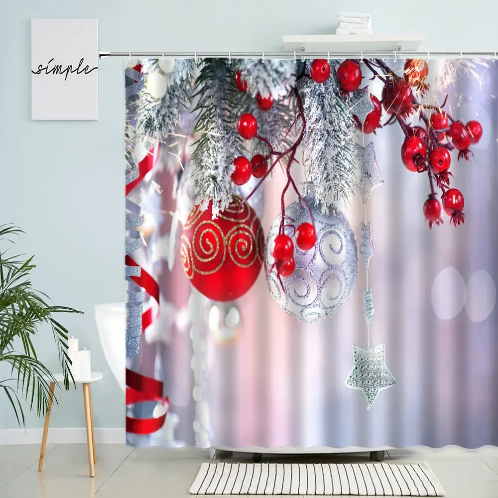 Merry Christmas Shower Curtain New Year Holiday Bathroom Decor Xmas Ball Christmas Tree Winter Snow Scenery Waterproof Screen