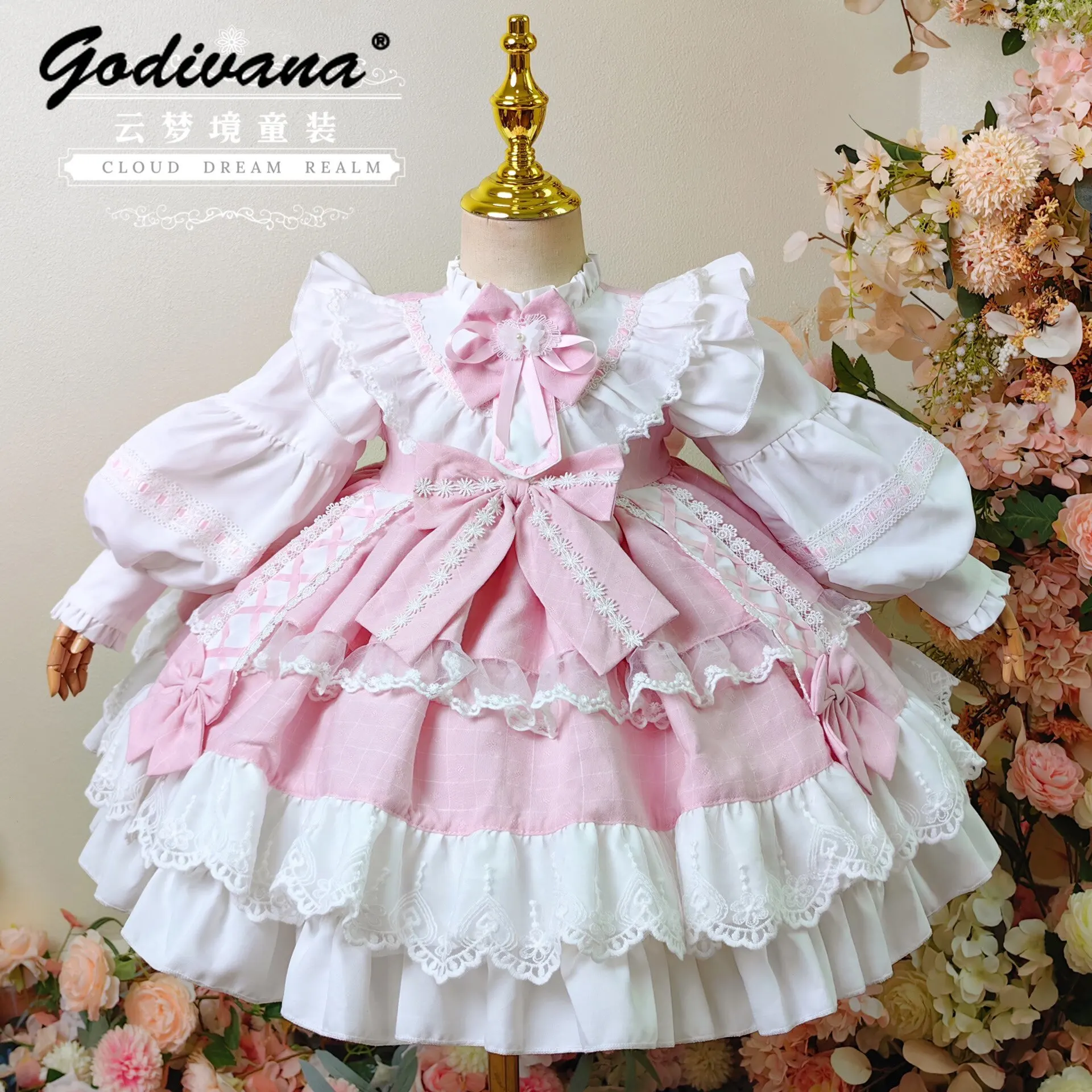 

Baby Girls Autumn and Winter Sweet Pink Lolita Tutu Princess Dress Childrens Long Sleeve Bow Lace Trim Birthday Party Ball Gown