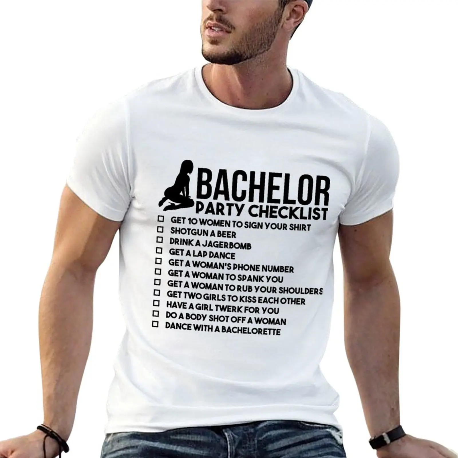 Bachelor t- Lista de verificação para camisa de algodão homem t de algodão masculino 100% engraçado camisas de festa JGA Rumble Camiseta Noivo