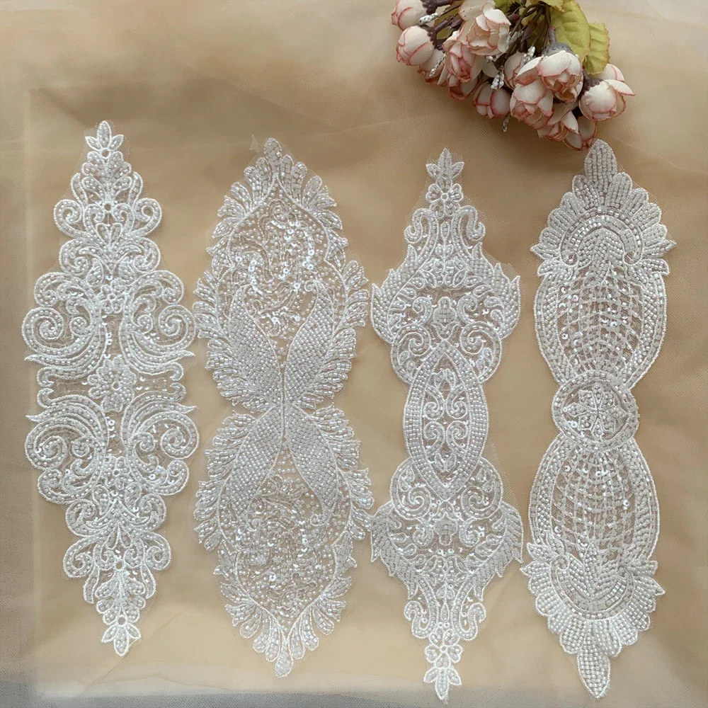 

2 PCs/Pack Sequins and Beads Lace Embroidery Applique, European Patterns for Wedding Dress and Headbands, -White Accessories