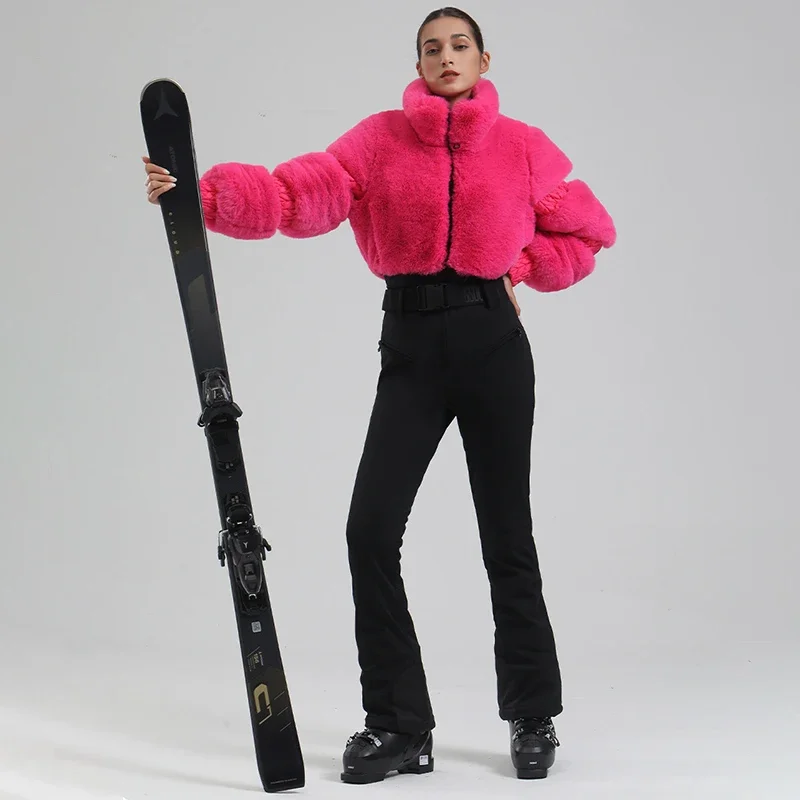 Winter Warm Fur Women One Piece Snow Suit Outdoor Sport Slime Female Ski Jumpsuit Mountain Windproof Woman Snowboard Overalls