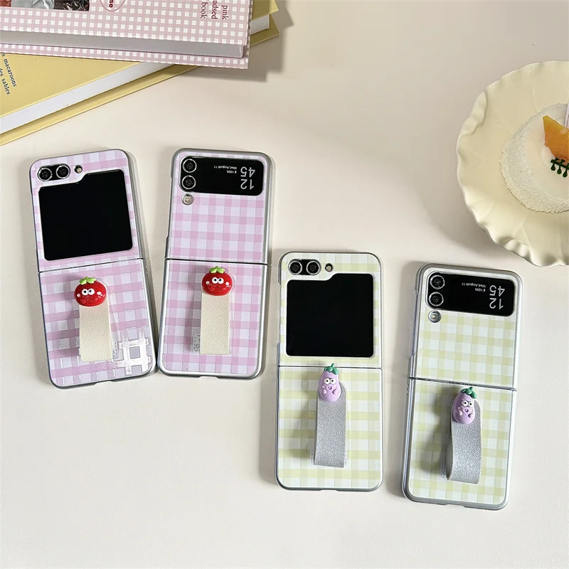 Korean check ring Eggplant tomato for Samsung Galaxy Z flip 3 4 5 6 Folding screen anti-fall clamshell simple phone case