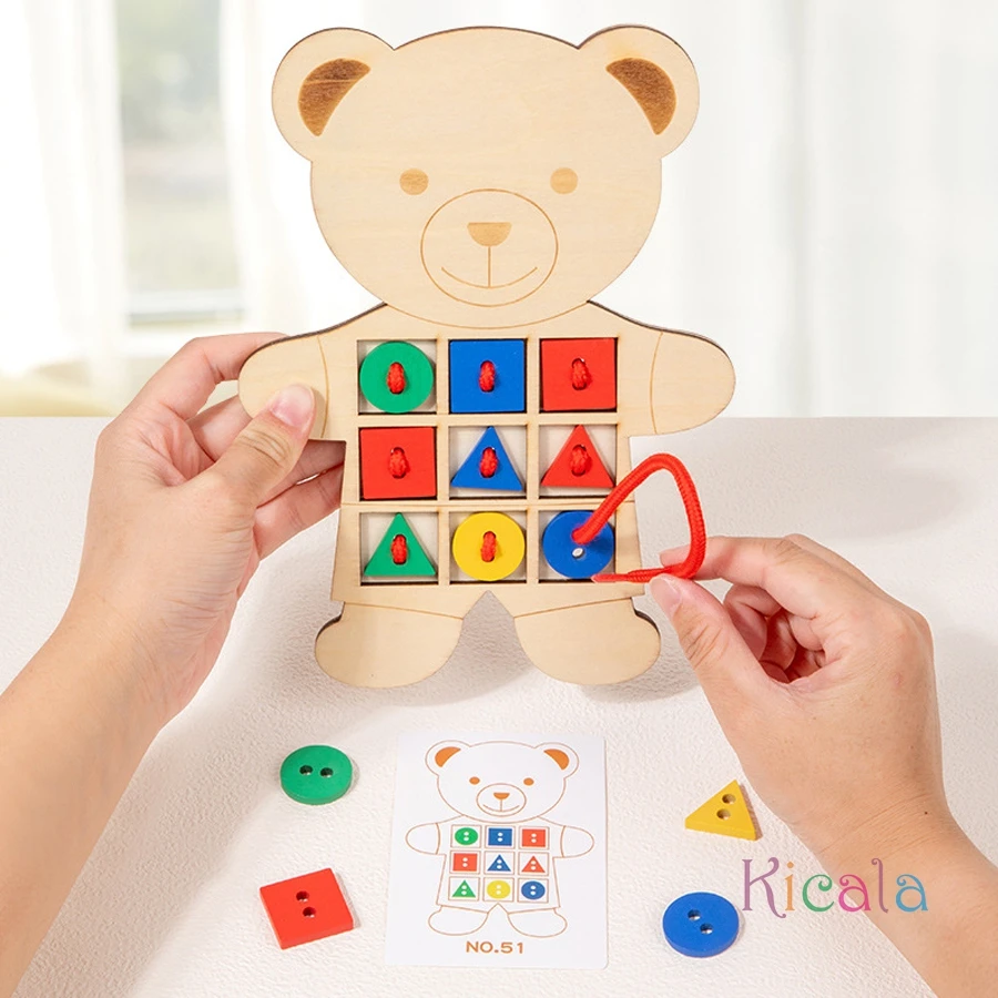 Juguete de oso con cordones de madera con tarjetas de patrón, juguete de aprendizaje de costura, clasificación de colores, juguete de matemáticas Montessori, regalos de juego para niños pequeños