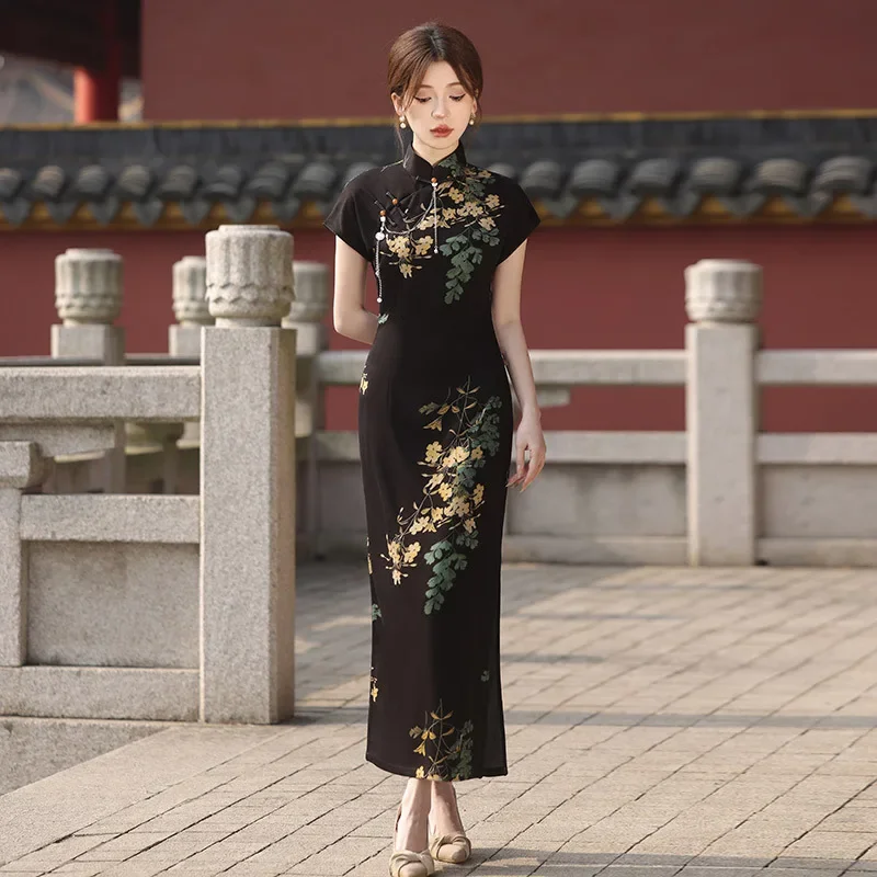 

Новое женское платье в стиле Chinse, Cheongsam, сексуальное тонкое платье с разрезом, Vestidos, длинные платья с цветочным принтом, Ципао, восточный костюм, платье ханьфу