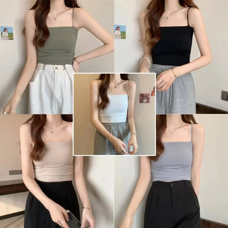 Top corto sin costuras para mujer, camiseta sin mangas con sujetador Sexy, Top con tirantes para mujer, camisola sin espalda, camiseta interior recortada de una pieza