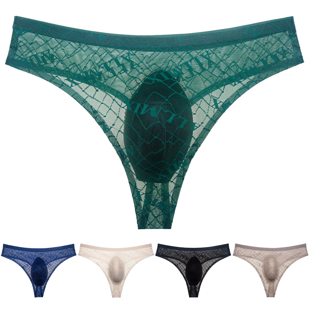 

Mens Letter Print Thong Briefs See-through Underwear Pouch Low Waist Underpants
