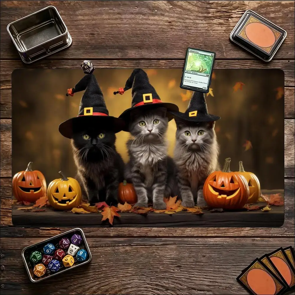 Cute Witch Kittens Pumpkin Large Game Mat Non‑Slip Rubber Playmat Starry Halloween Art for Trading Card Tabletop Sessions