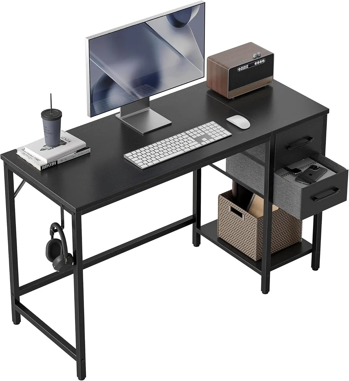 

40 Inch Small Home Office Desk with 2 Drawers, Modern Black Study Writing Table for Compact Spaces