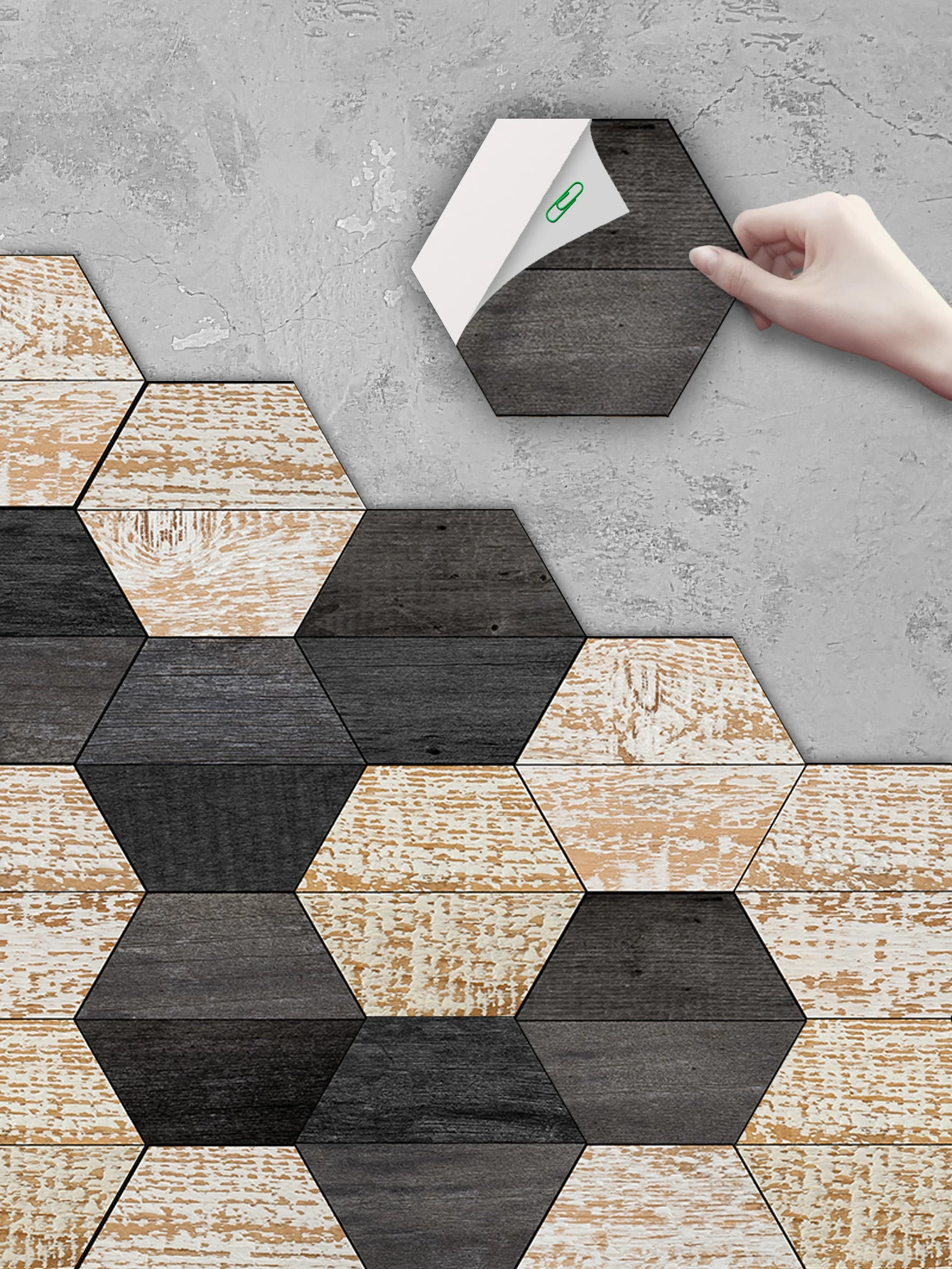Pegatinas de suelo hexagonales autoadhesivas para el hogar, pegatinas de azulejos de empalme al azar, impermeables, antideslizantes, arte de patrón de madera, 11 piezas