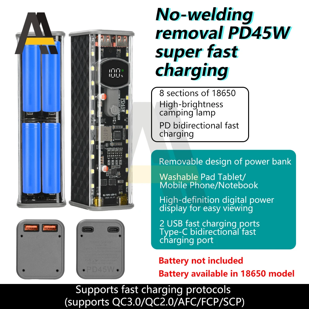 45W 8*18650 พาวเวอร์แบงค์กรณีโปร่งใสเปลือกที่ชาร์จเร็วกรณีที่ถอดออกได้แบตเตอรี่ชาร์จกล่องเก็บไม่มีแบตเตอรี่