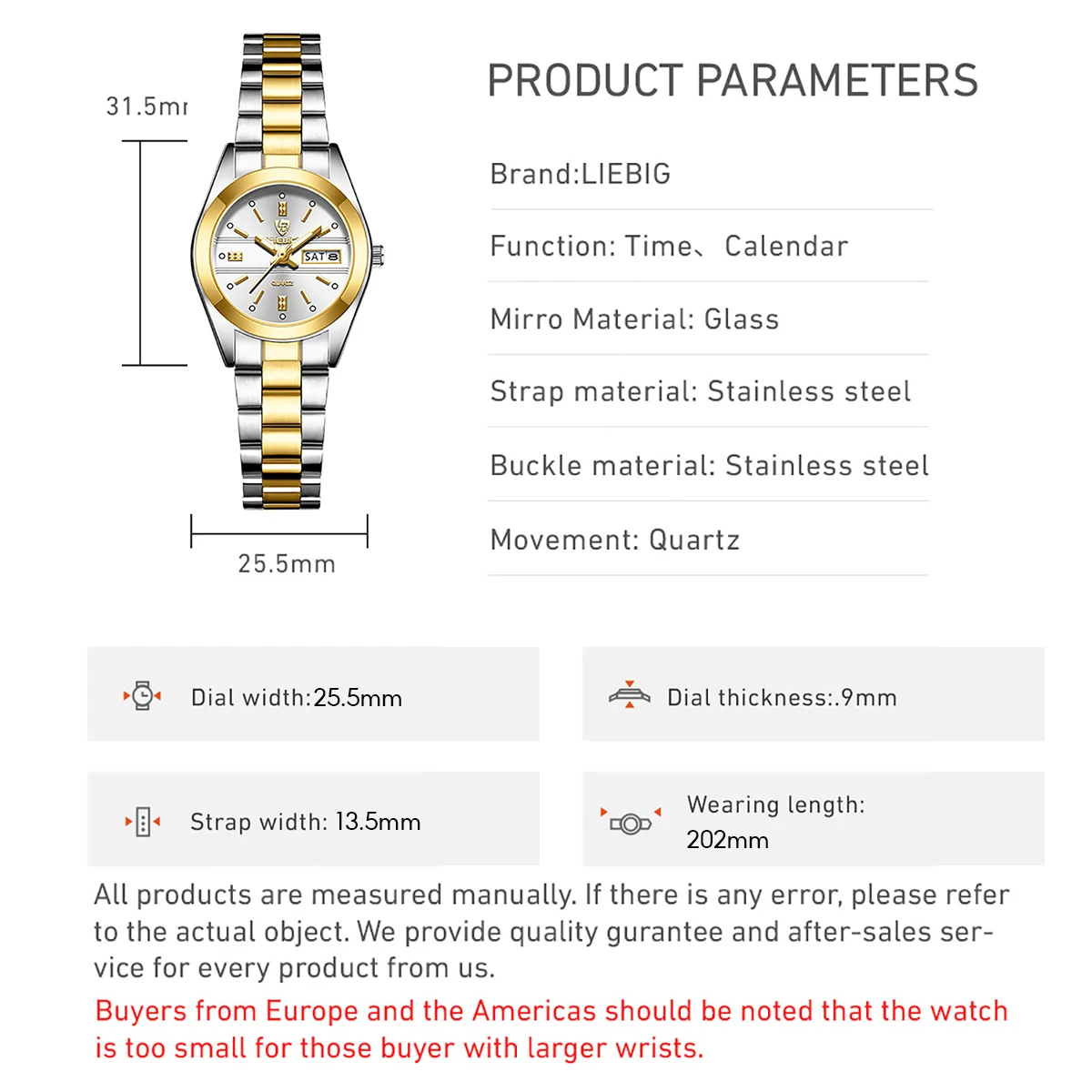 LIEBIG Top Brands Luxury Quartz Movement Watch For Women Stainless Steel Strap Time Calendar Wristwatch and Bracelet Reloj Mujer