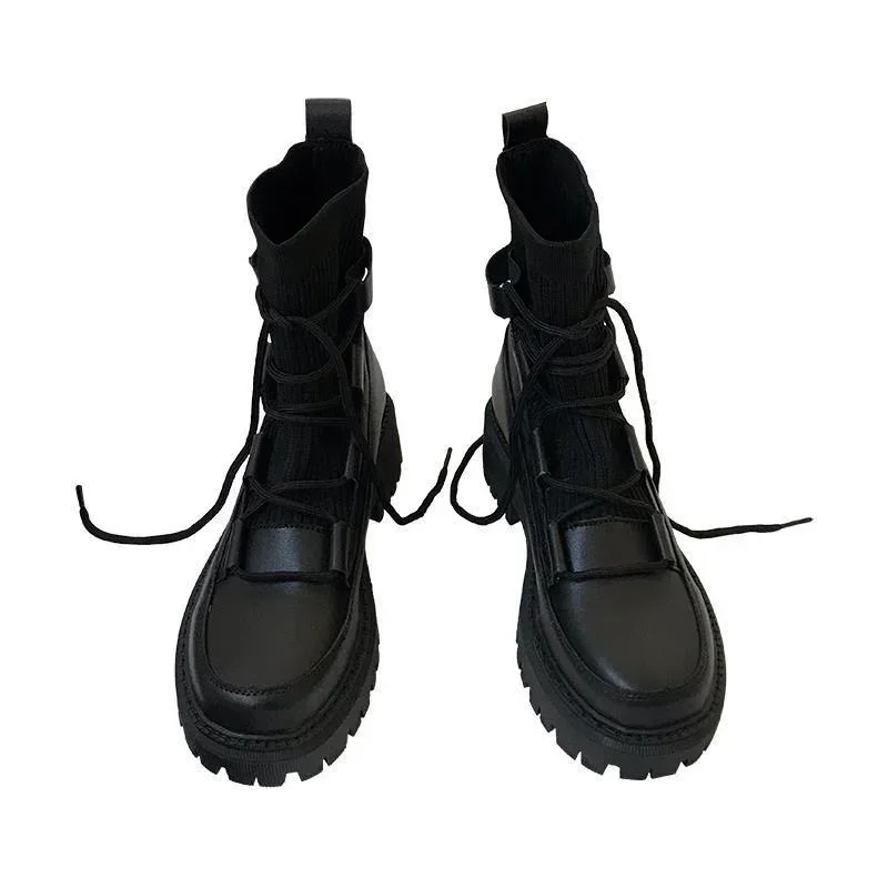 Women Motorcycle Boots Ladies Casual Stretch Fabric Socks Boots Fashion Cross-tied Women Shoes Platform Boot Gothic 2024