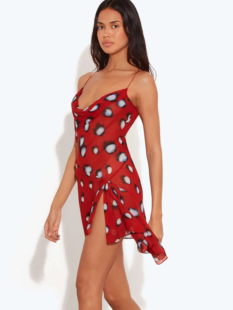 Articat Sexy Low-cut Strap Printed Mini Dress For Women Beach Hot Girl Ruffle Slit Mini Dress Holiday 2026 New Summer Vestidos