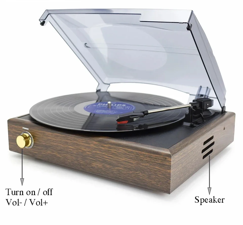 LoopTone 3-Speed Classic Phonograph Gramophone Belt-Driven Turntable Vinyl LP Record Player W/ 2 Built-in Stereo Speakers