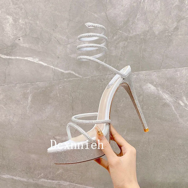 Summer New Crystal Decoration Thin Heel Sandals Women Solid Color Simple Versatile Narrow Band Sandalias Sexy Party Dress Shoes