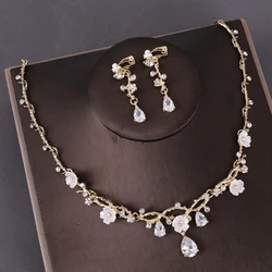 Fashion Flower Rhinestone Zircon Wedding Necklace Earring Set for Bridal Jewelry Women Wedding Dresses Accessories Party Gift