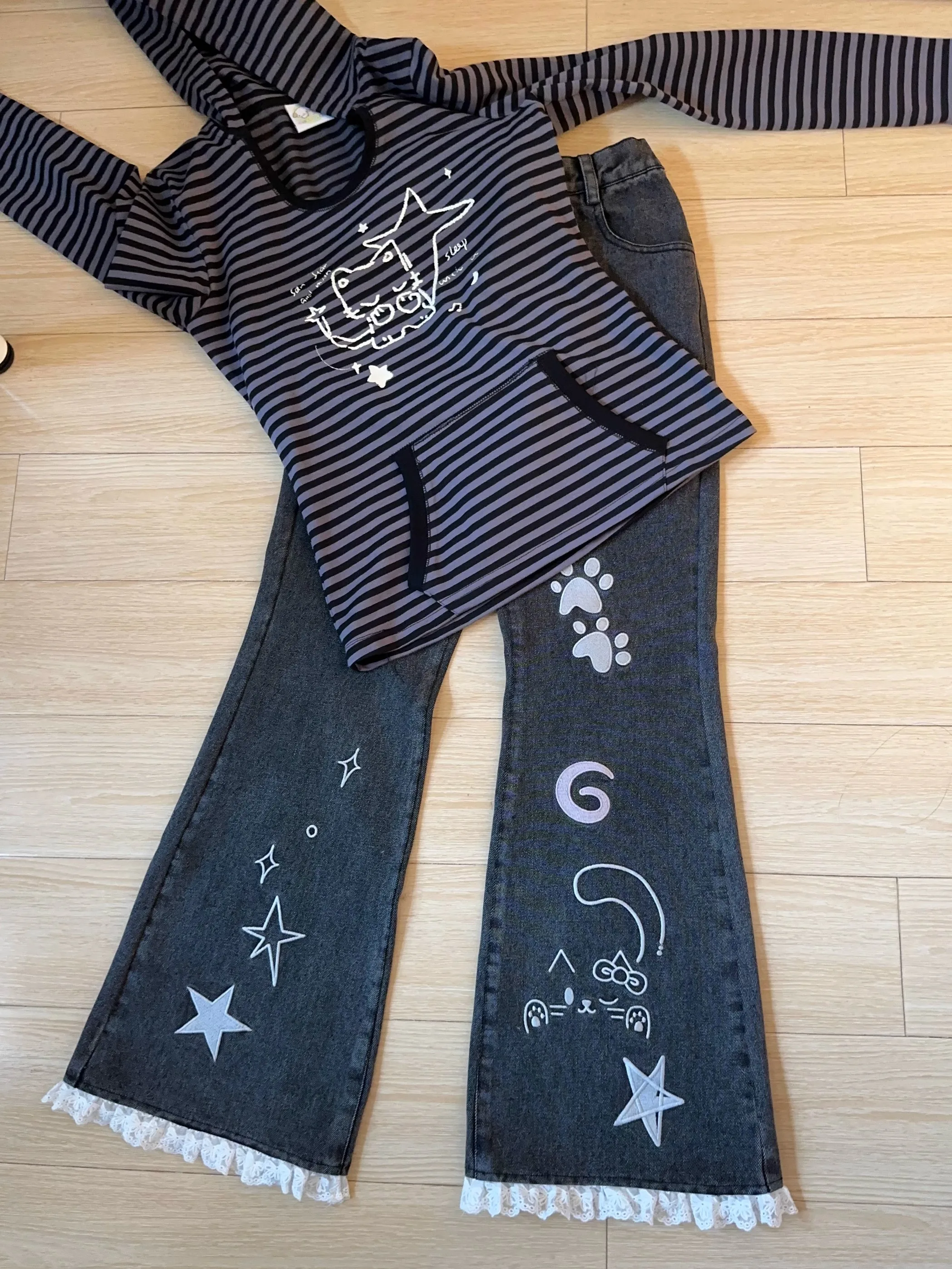 

CokoStore оригинальные облегающие джинсы с вышивкой, джинсовые брюки-клеш, эластичные джинсы с талией для девочек-подростков