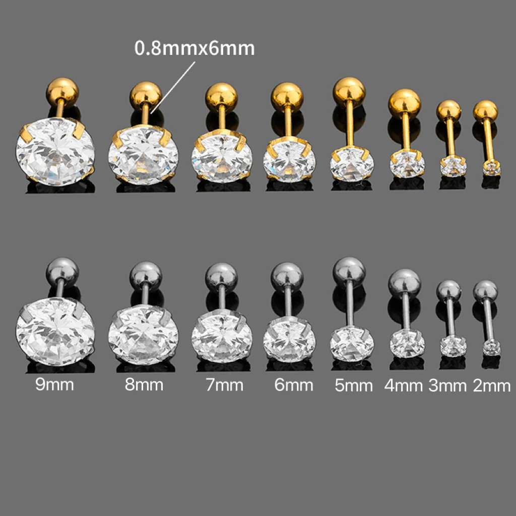 1PC round Ball Cartilage Earring Studs 2-9mm Diameter Stainless Steel Diamond Zircon Fashion Piercing Jewelry Simple Design