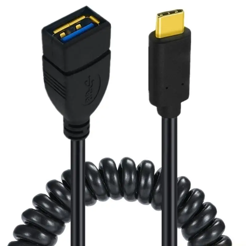 E56B Reliable USB A to Type C Charging Cable Spring Coiled Cord Data Sync Line 5Gbps