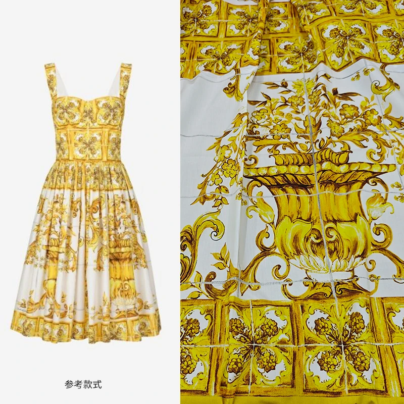 Spring and summer European and American fashion shows, pure cotton printed fabric for women\'s dresses, yellow flower pot decorat