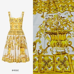 Spring and summer European and American fashion shows, pure cotton printed fabric for women's dresses, yellow flower pot decorat