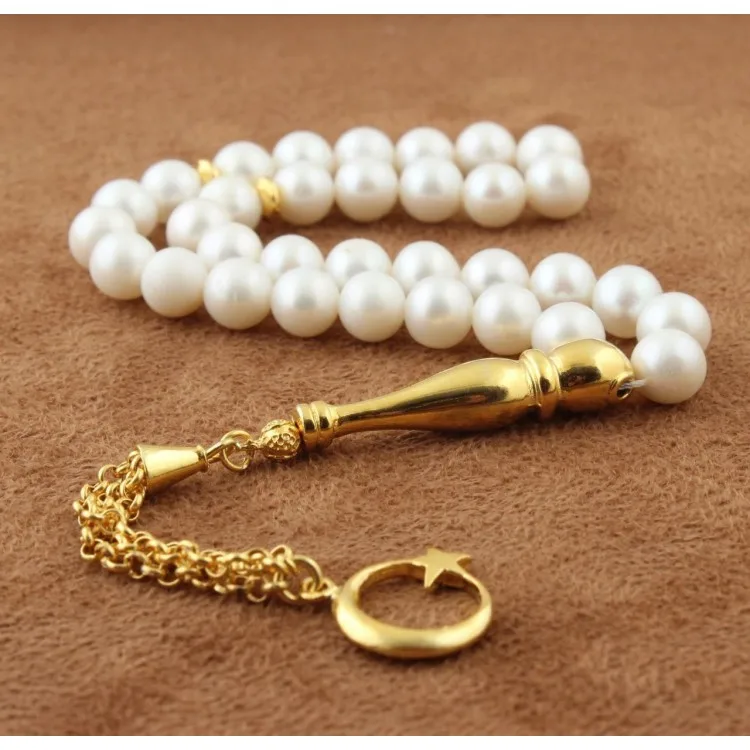 

925 Sterling Silver Gold Pearl Stone 33 Piece Tasbih Special Design Islamic Gift, Masterwork Muslim Prayer Beads Masbaha