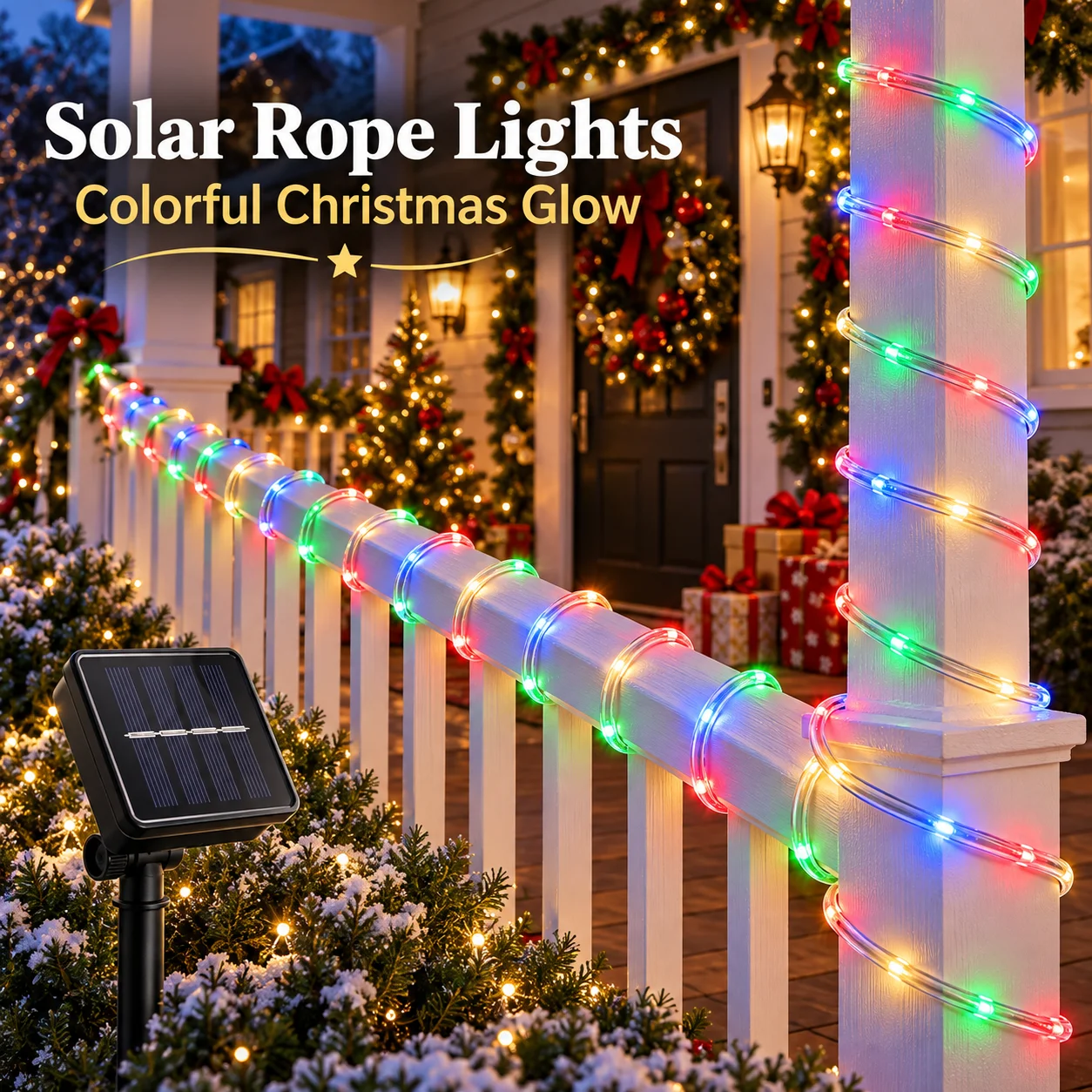 Christmas LED Rope Lights Solar Flexible Tube 50/100/150/200LED 8 Modes Auto On for Tree Railing Eaves Porch Garden Party