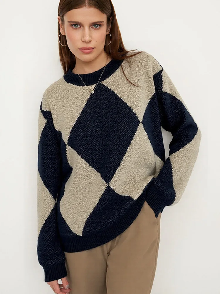 

Новые пуловеры с длинными рукавами и принтом Argyle, вязаный свитер, женский повседневный свободный свитер с круглым вырезом, осенне-зимняя одежда