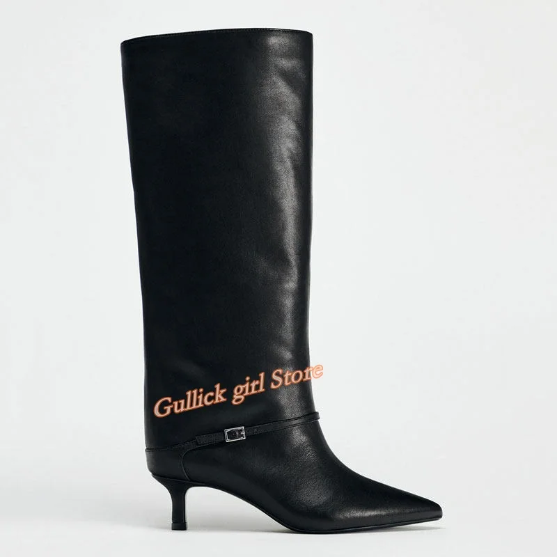 Buckle Strap Kitten Heel Knee Boots Slip On Stiletto Middle Heel Sexy Pointy Toe Black Matte Leather Runway 2026 Women Shoes