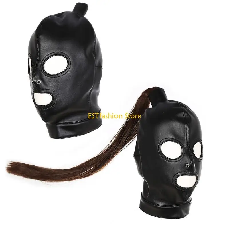Y5GC Faux Leather Volledig gezicht Hoofddekselmasker BDSM Hood met pruik volwassen seksspeeltjes